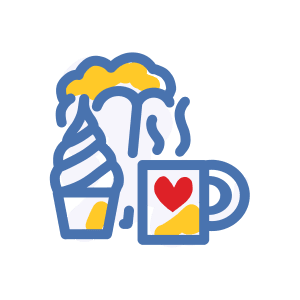 Illustrated icon of an ice cream cone, mug with a warm beverage, and popcorn