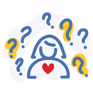 Illustrated icon of person with question marks